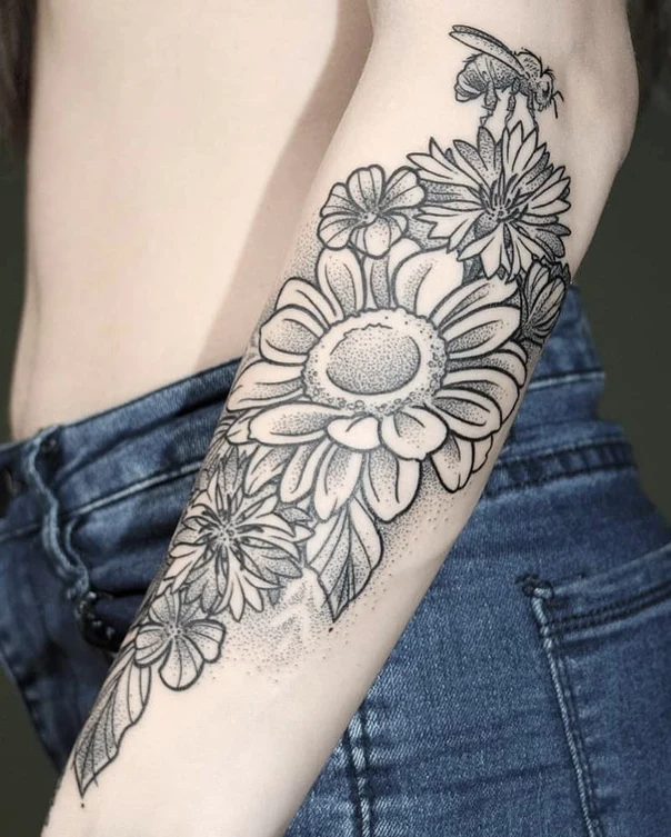 Blackwork Flowers, Bee tattoo on Forearm