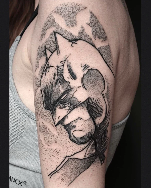 Blackwork Batman, Comic tattoo on Shoulder