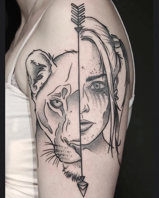 Blackwork Lion, Woman tattoo on Upper Arm
