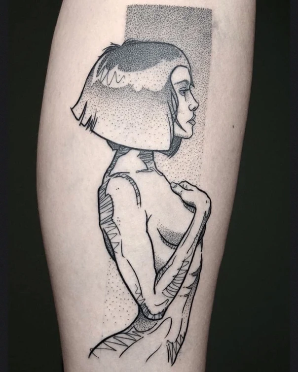 Linework Figure tattoo on Thigh