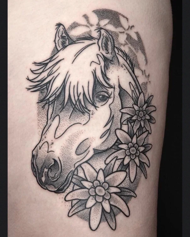 Black & Grey Horse, Flowers tattoo on Thigh