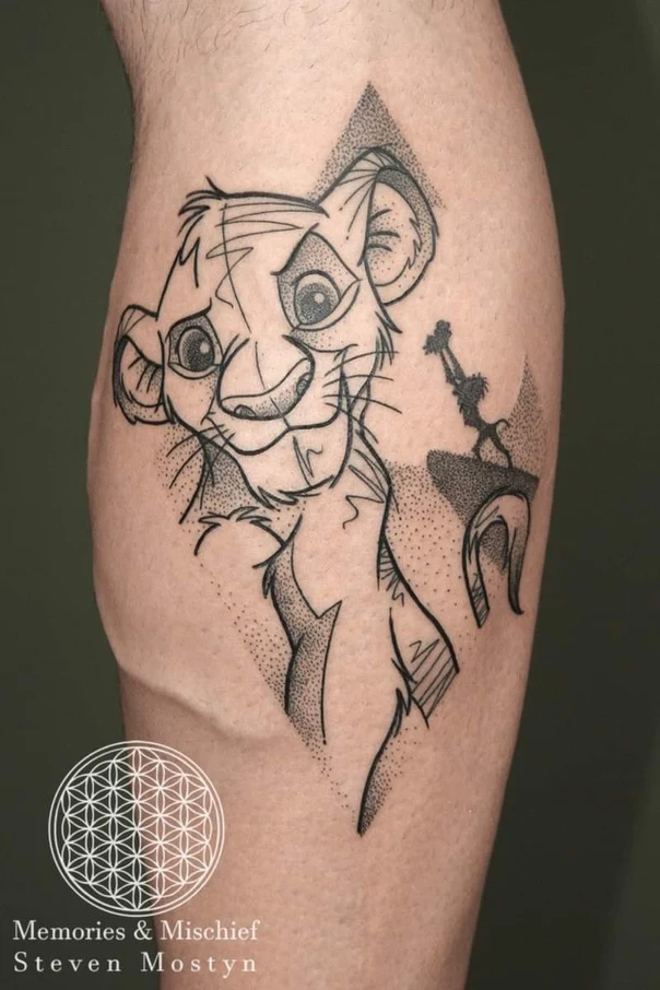 Sketch Lion, Cartoon tattoo on Thigh