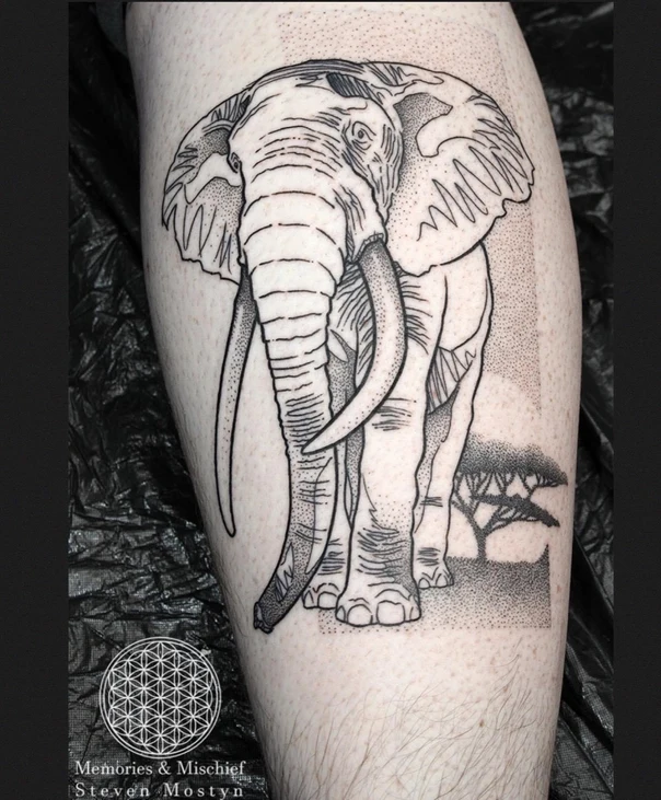 Blackwork Elephant, Tree tattoo on Calf