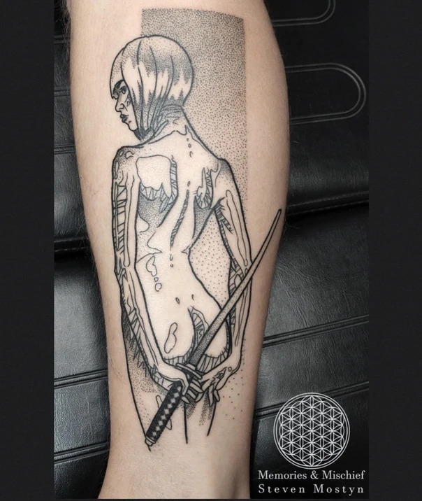 Blackwork Figure, Sword tattoo on Calf