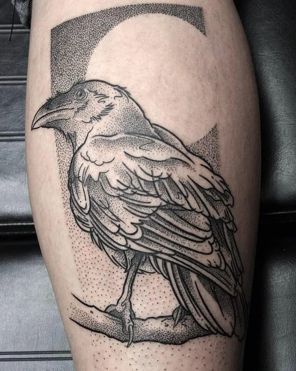 Blackwork Raven, Bird tattoo on Calf