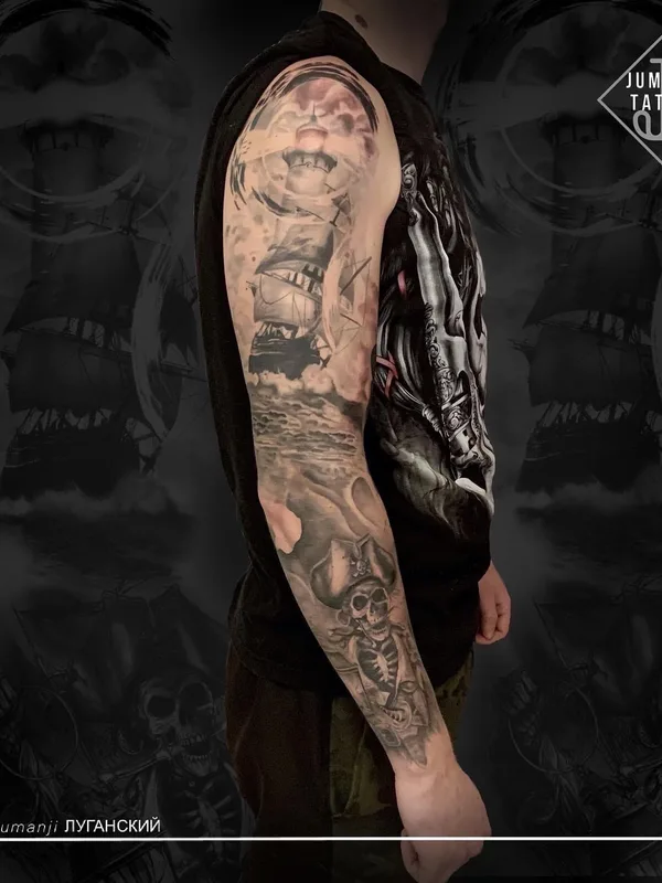 black and grey black and grey tattoo on full sleeve #56489 | Tattoo Artist Сергей Луганский
