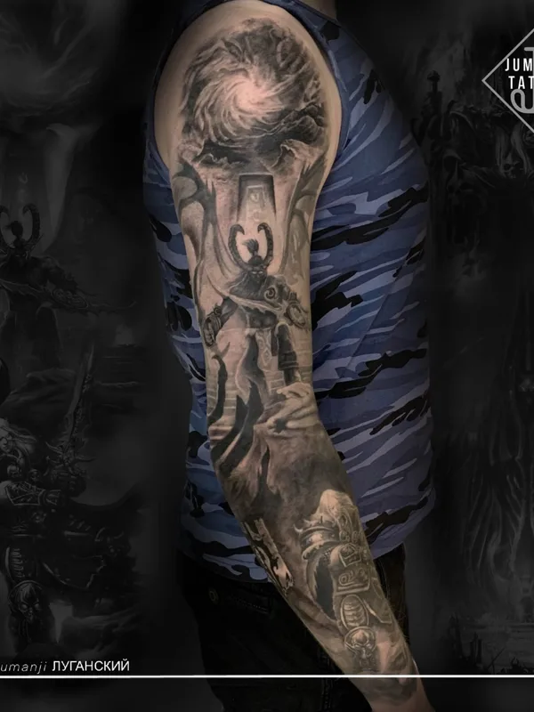 male black and grey black and grey tattoo on full sleeve #56487 | Tattoo Artist Сергей Луганский