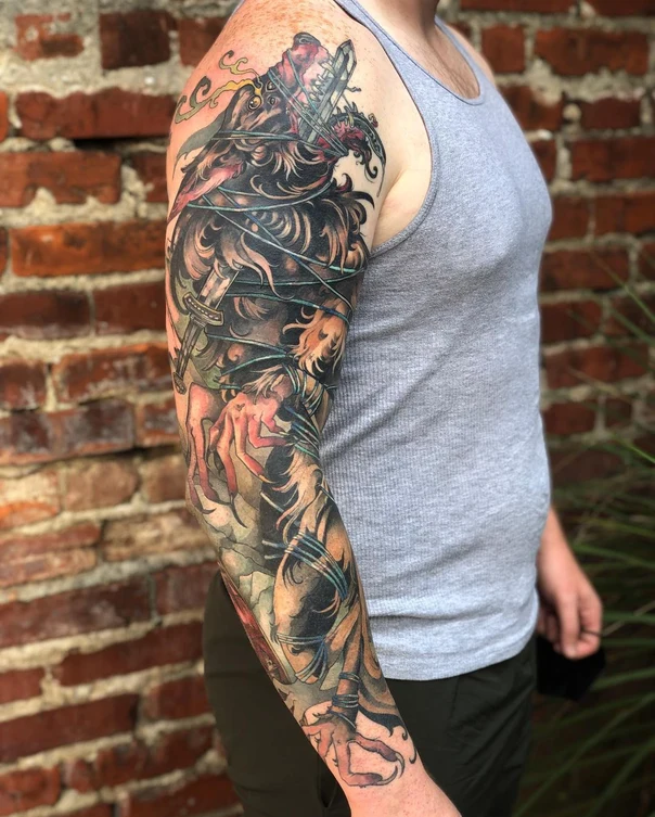 Illustrative Wolf, Sword tattoo on Full Sleeve