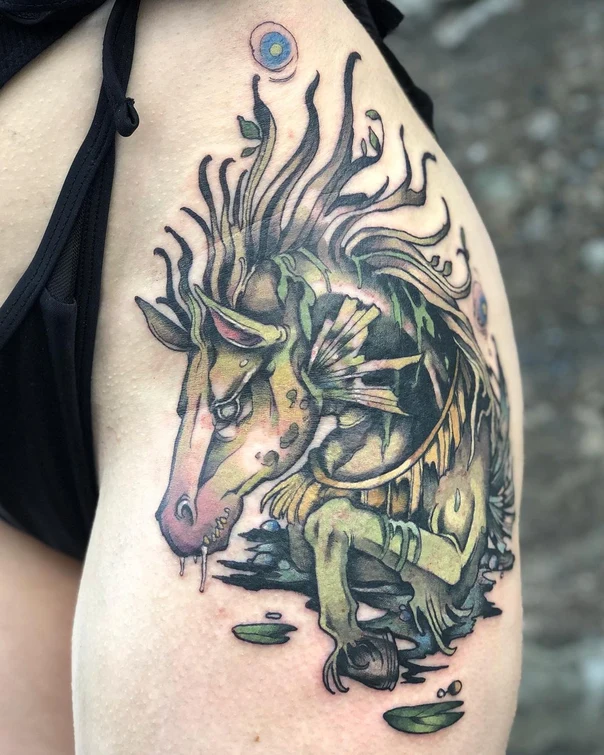 Illustrative Mythical creature, Horse tattoo on Thigh