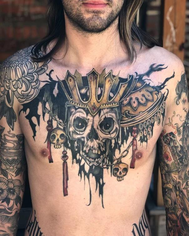Black & Grey Skull, Crown tattoo on Chest