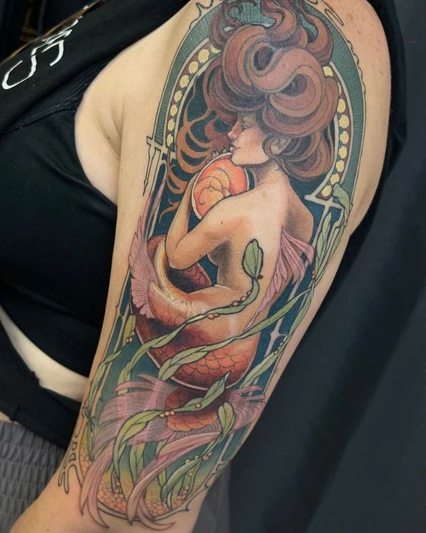 Art nouveau Mermaid, Floral tattoo on Upper Arm