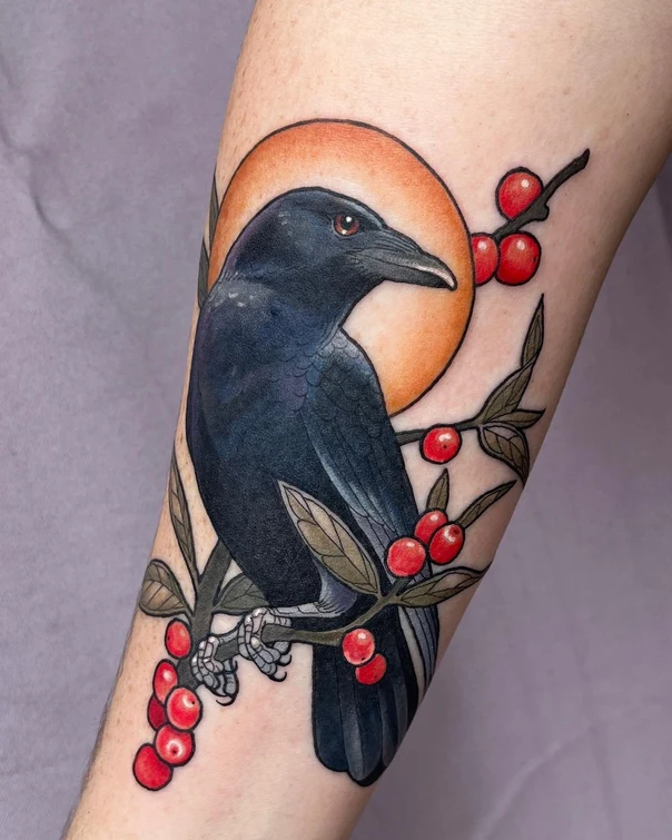 Illustrative Crow, Berries tattoo on Forearm