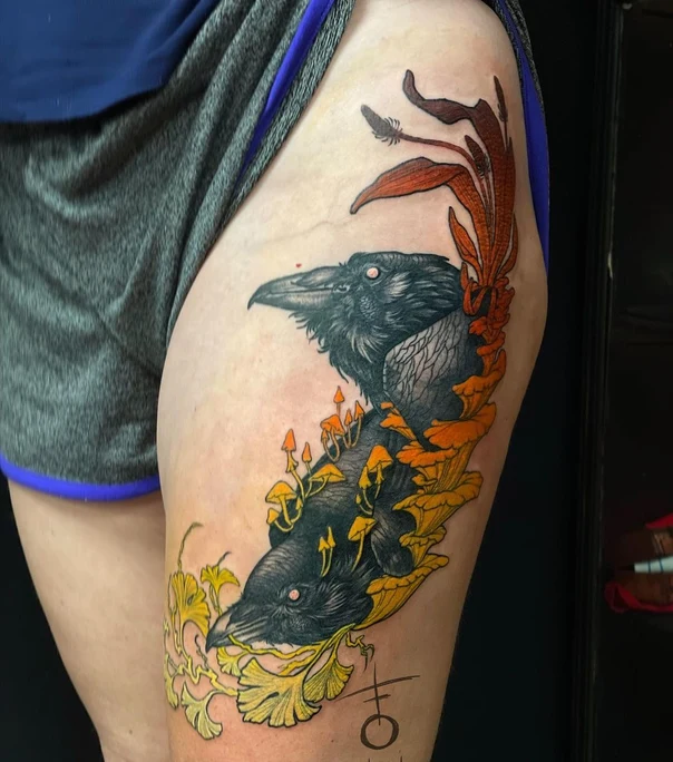 Illustrative Raven, Mushrooms tattoo on Thigh