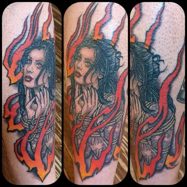 Illustrative Woman, Fire tattoo on Forearm