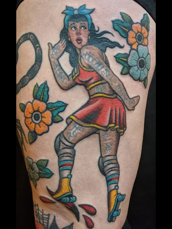 female color old school 纹身 在 thigh #56574 | 纹身师 Matt Brotka