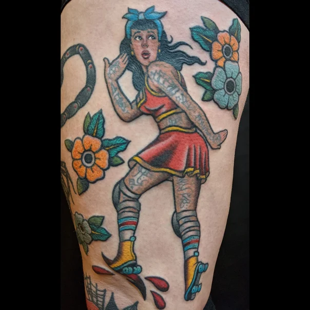 Old School Pin-up, Flowers tattoo on Thigh