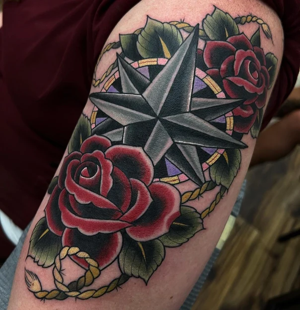 Traditional Rose, Compass tattoo on Forearm