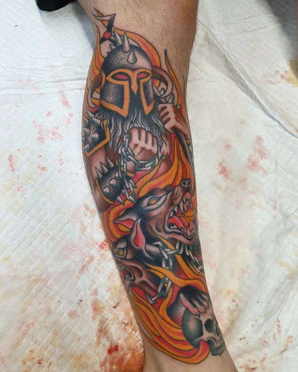 Neo Traditional Warrior, Wolf tattoo on Calf