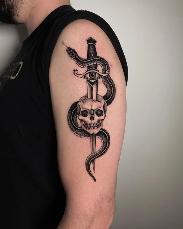 Blackwork Snake, Skull tattoo on Upper Arm