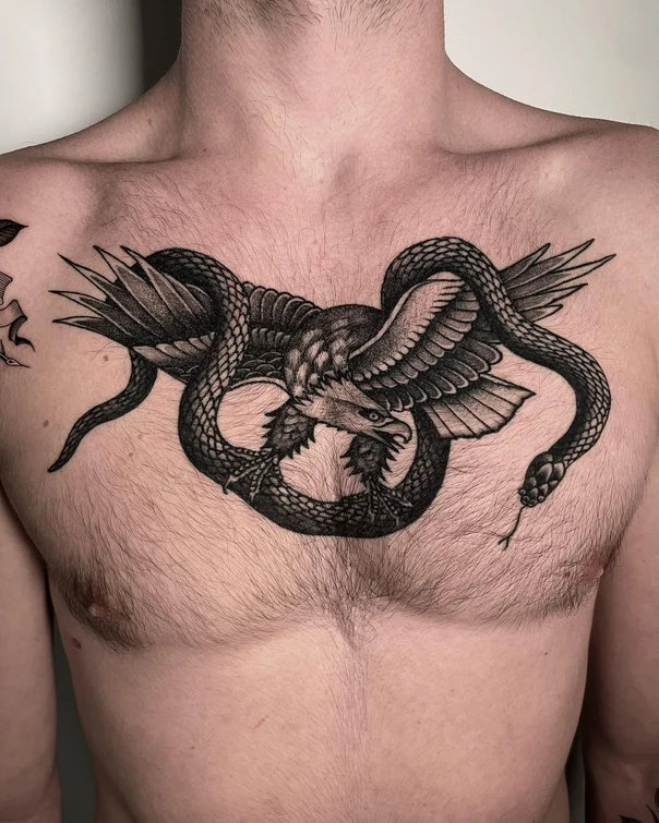 Blackwork Snake, Eagle tattoo on Chest