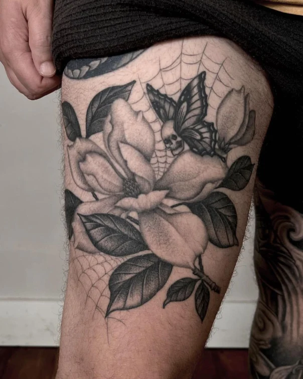 Black & Grey Flower, Butterfly tattoo on Thigh