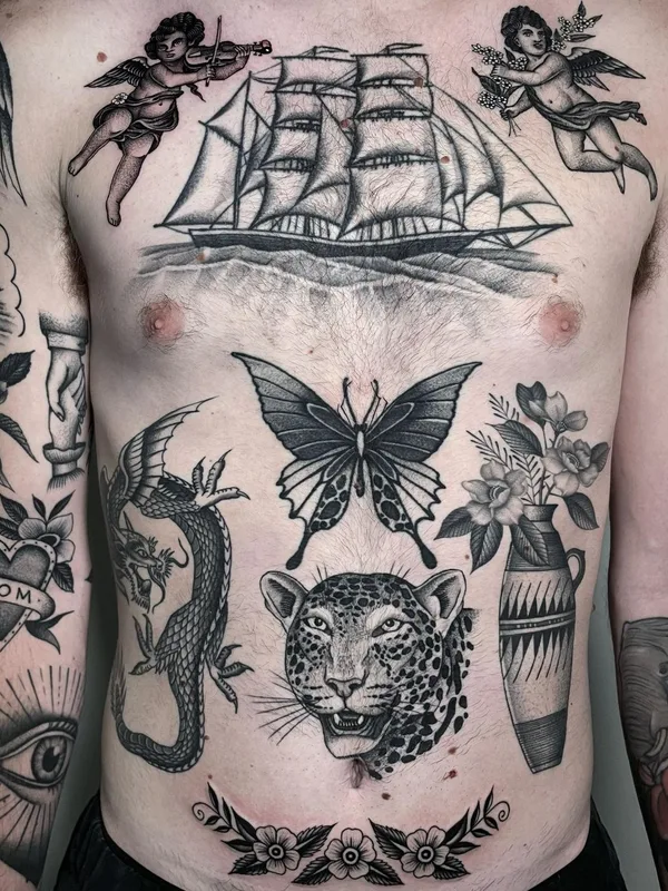 male black and grey blackwork татуировка на chest #56667 | Тату мастер Justin Olivier