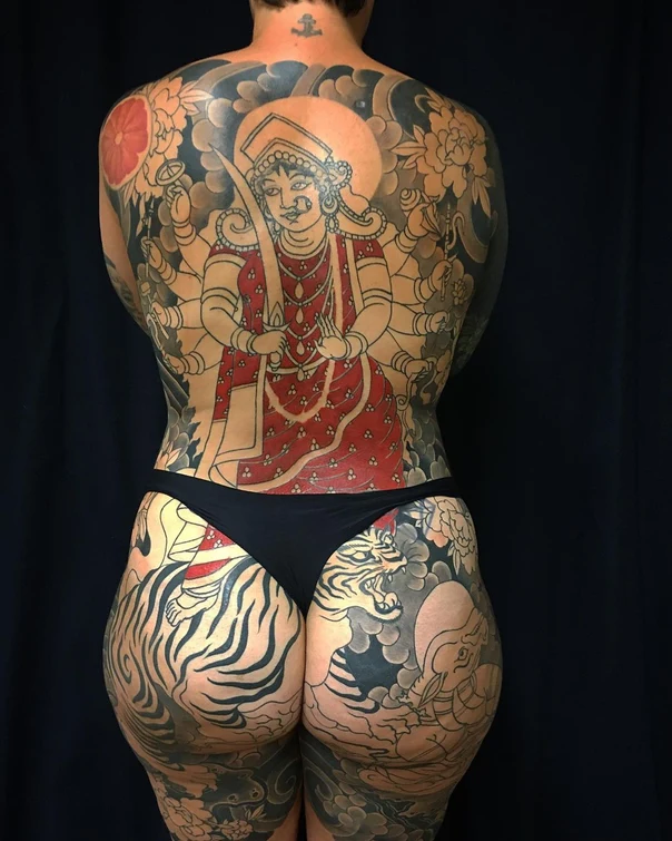 Japanese Religious figure, Tiger tattoo on Full Back