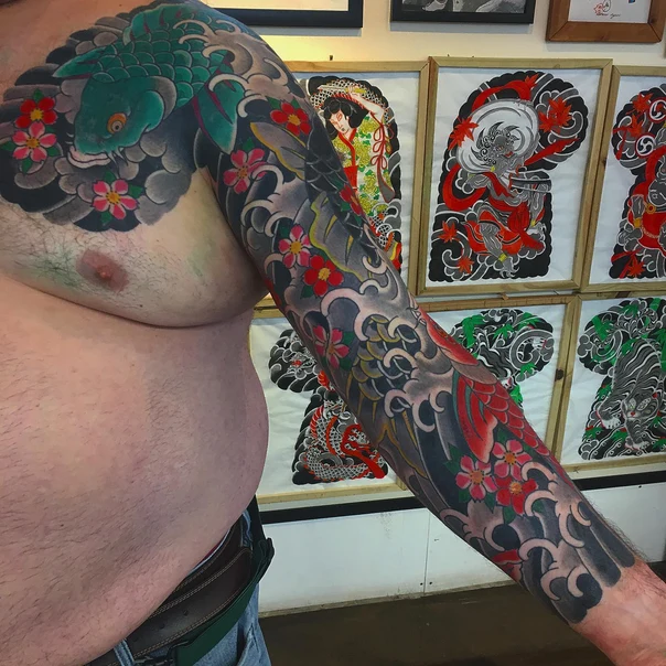 Japanese Koi, Flowers tattoo on Full Sleeve