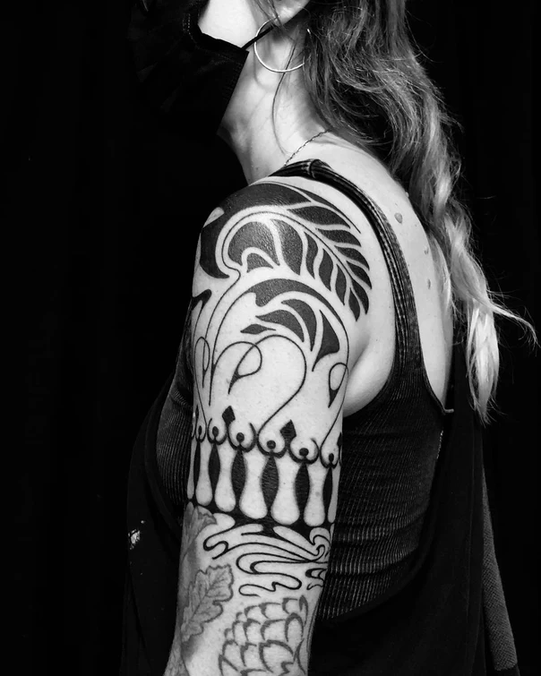 Blackwork Leaf, Floral tattoo on Shoulder