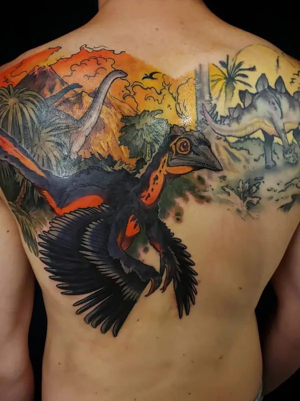 male color illustrative tatouage sur full back #56718 | Artiste tatoueur Adam Montegut