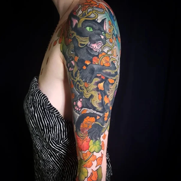 Illustrative Cat, Leaves tattoo on Full Sleeve