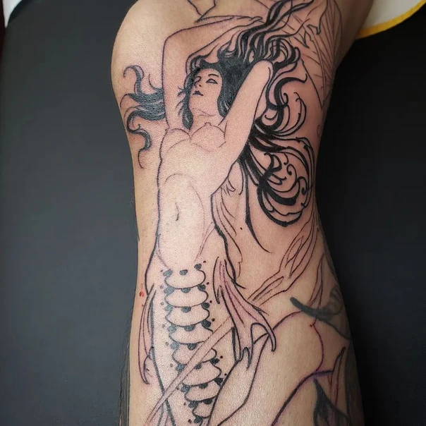 Linework Mermaid, Woman tattoo on Side