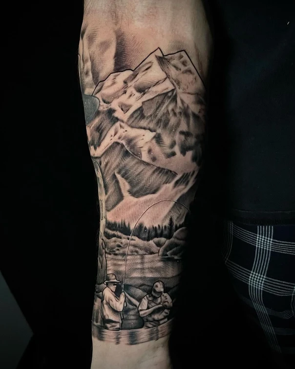 Realism Mountain, Landscape tattoo on Forearm