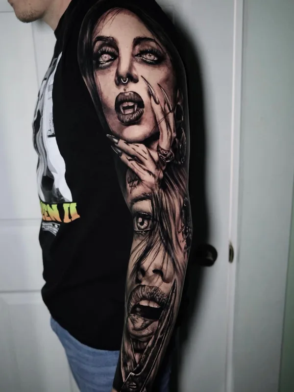 male black and grey realism tatuaje en full sleeve #56734 | Tatuador Chad Rowe