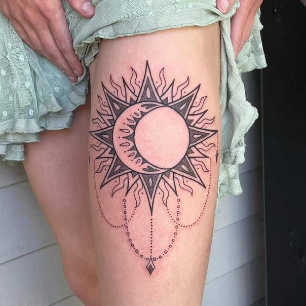 Linework Sun, Moon tattoo on Thigh