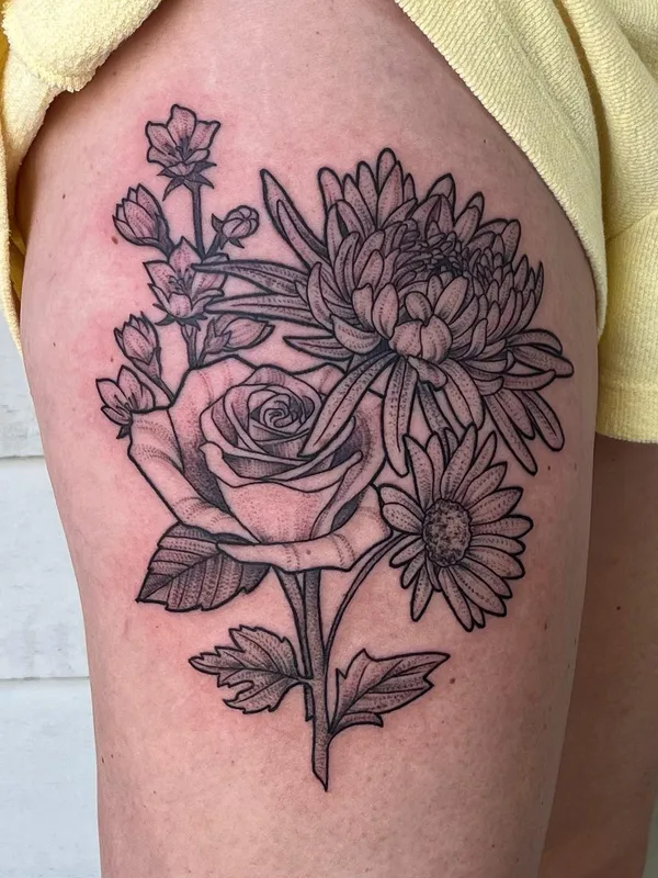 female black and grey blackwork tatuaje en thigh #56752 | Tatuador Laura Black