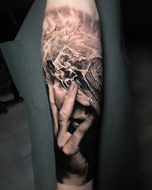 Realism Face, Hands tattoo on Forearm