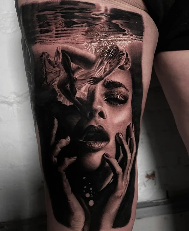 Realism Portrait, Underwater tattoo on Thigh