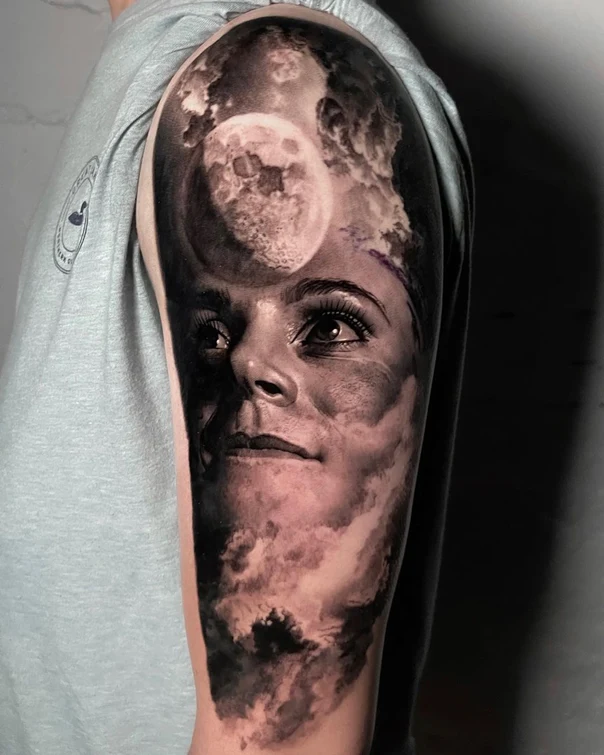 Realism Face, Moon tattoo on Full Sleeve