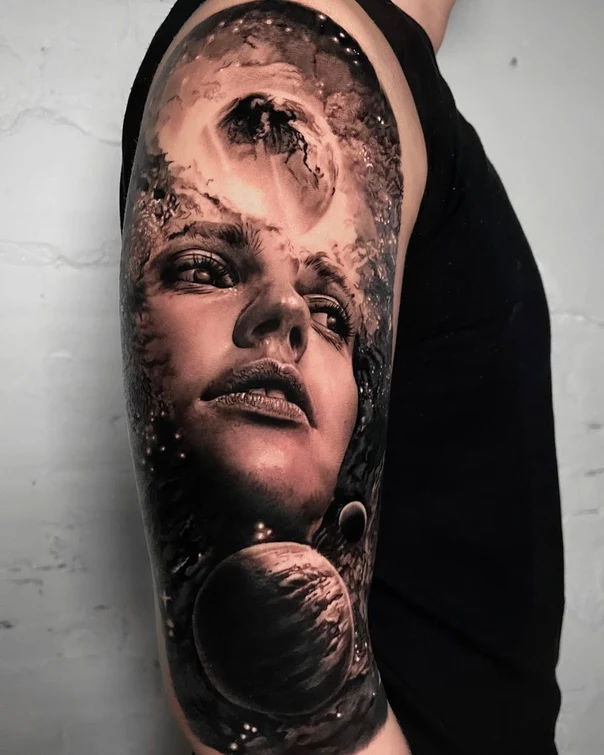 Realism Portrait, Space tattoo on Full Sleeve