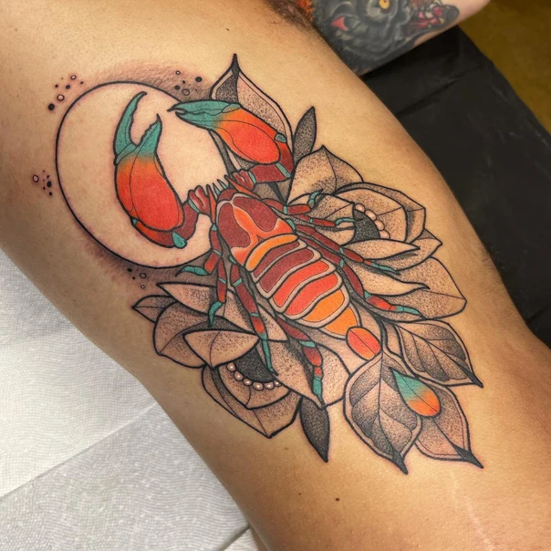 Illustrative Scorpion, Flower tattoo on Thigh