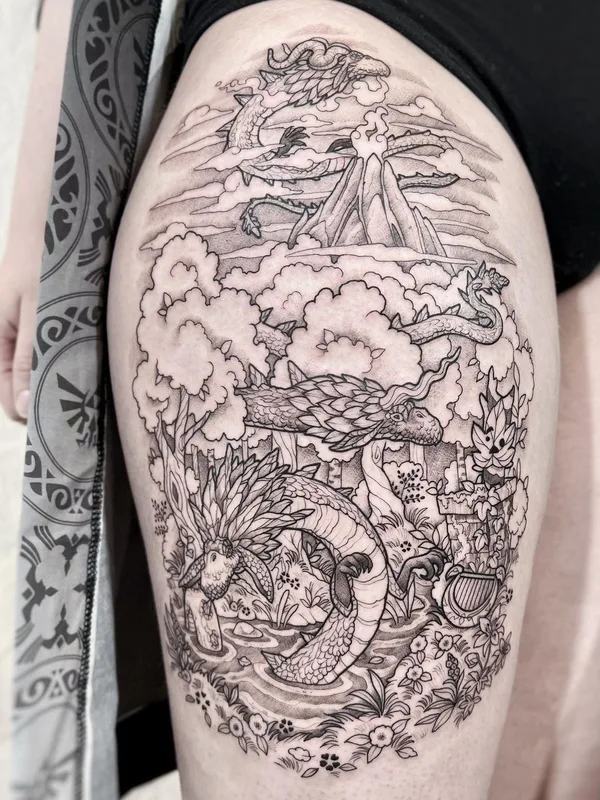 black and grey blackwork tattoo auf thigh #56785 | Tätowierer Maret Brotkrumen