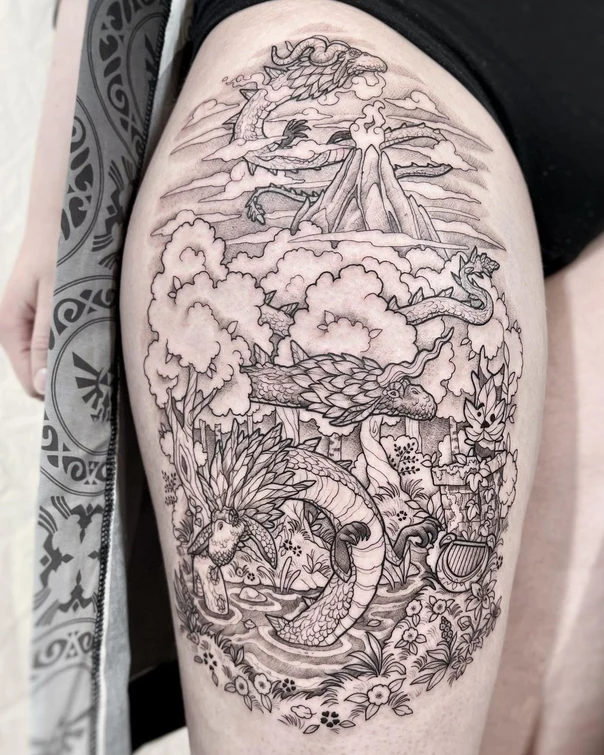 Blackwork Dragon, Landscape tattoo on Thigh