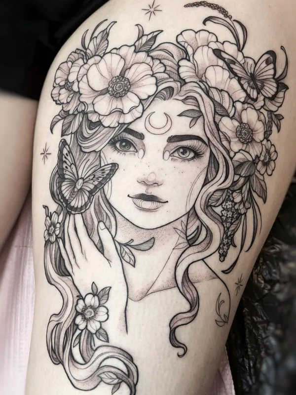 female black and grey fineline tattoo auf thigh #56784 | Tätowierer Maret Brotkrumen