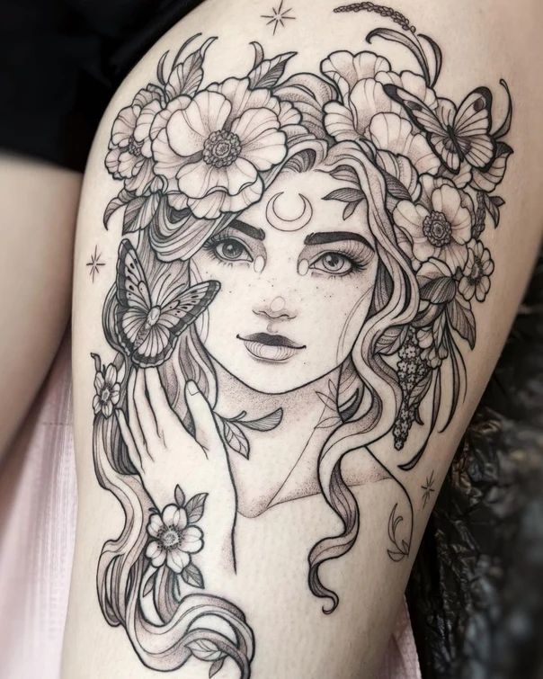 Fineline Portrait, Flowers tattoo on Thigh