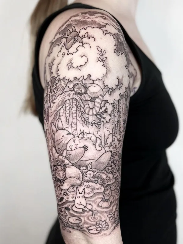 female black and grey illustrative tattoo auf full sleeve #56779 | Tätowierer Maret Brotkrumen