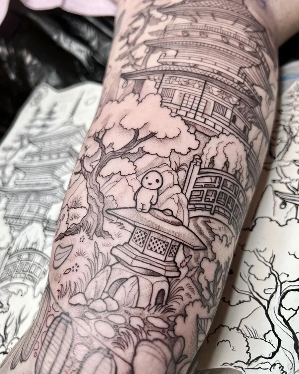 Japanese Pagoda, Landscape tattoo on Forearm
