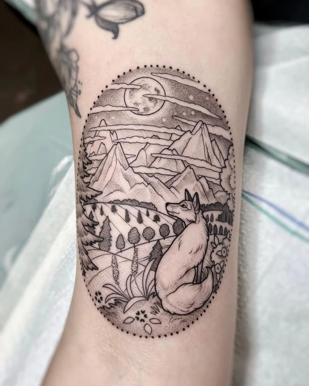 Blackwork Fox, Landscape tattoo on Forearm
