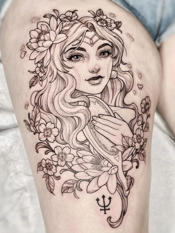 female black illustrative tattoo auf thigh #56788 | Tätowierer Maret Brotkrumen