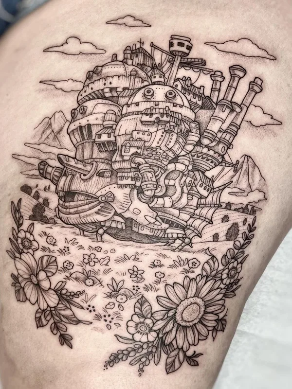 black illustrative tattoo auf thigh #56789 | Tätowierer Maret Brotkrumen